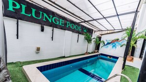 Una piscina interior con un cartel que dice 'PLUNGE POOL', rodeada de césped artificial y un mural.