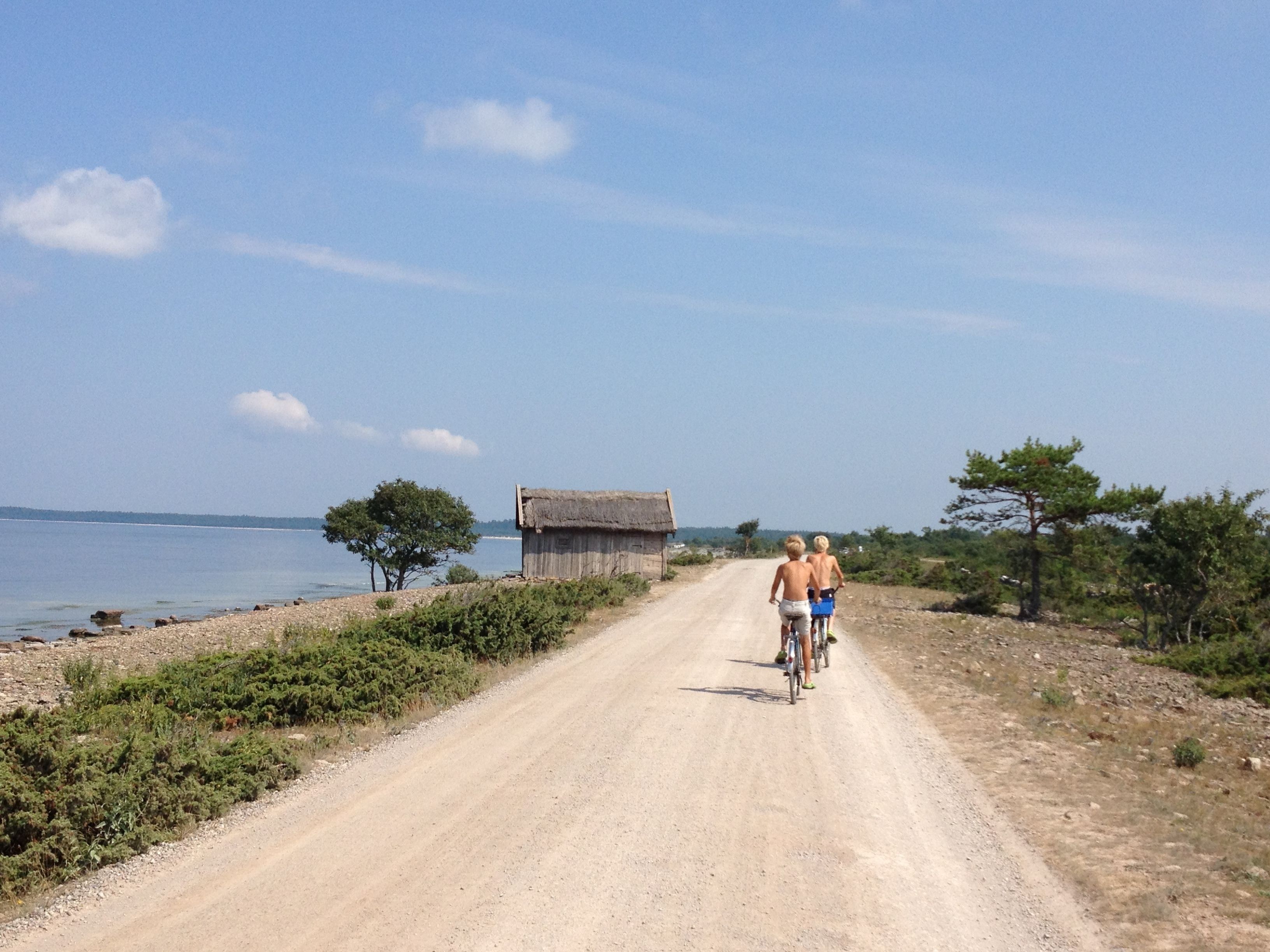 A dirt road leading to a thatched-roof building by a body of water.