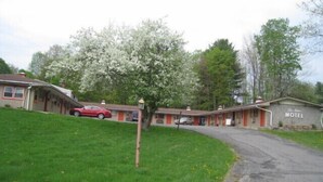 A motel with a single-story structure, a parking area with a red car, and a lawn in the foreground. - The Rome Motel (Rome)
