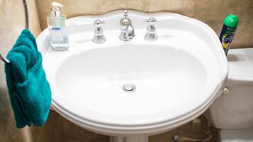 Bañera con ducha, artículos de tocador gratuitos, secador de pelo, bidet