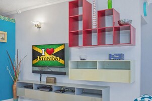 Design Apartment, 2 Bedrooms, Non Smoking, Kitchen | Living area | 50-inch flat-screen TV with cable channels, TV, DVD player