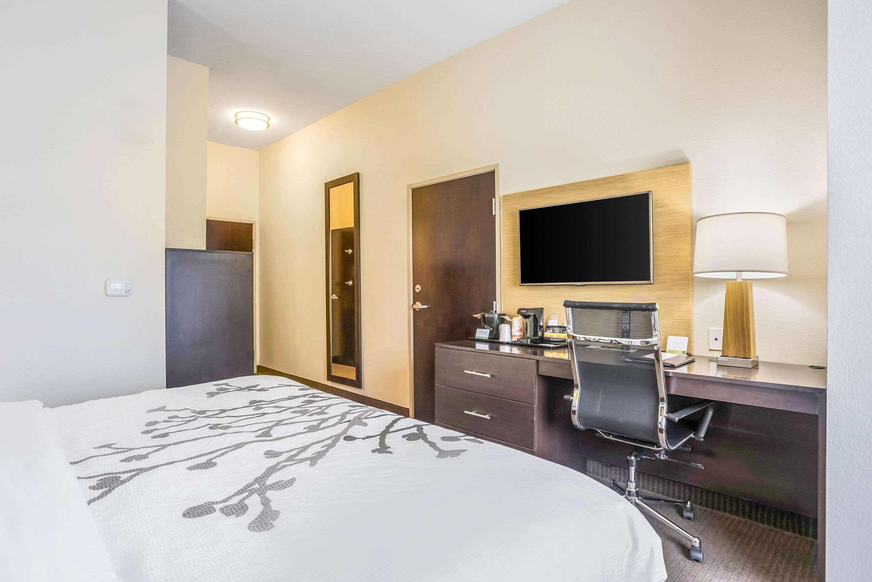 A hotel room with a bed, a desk with a chair, a television, a mirror, and a lamp.