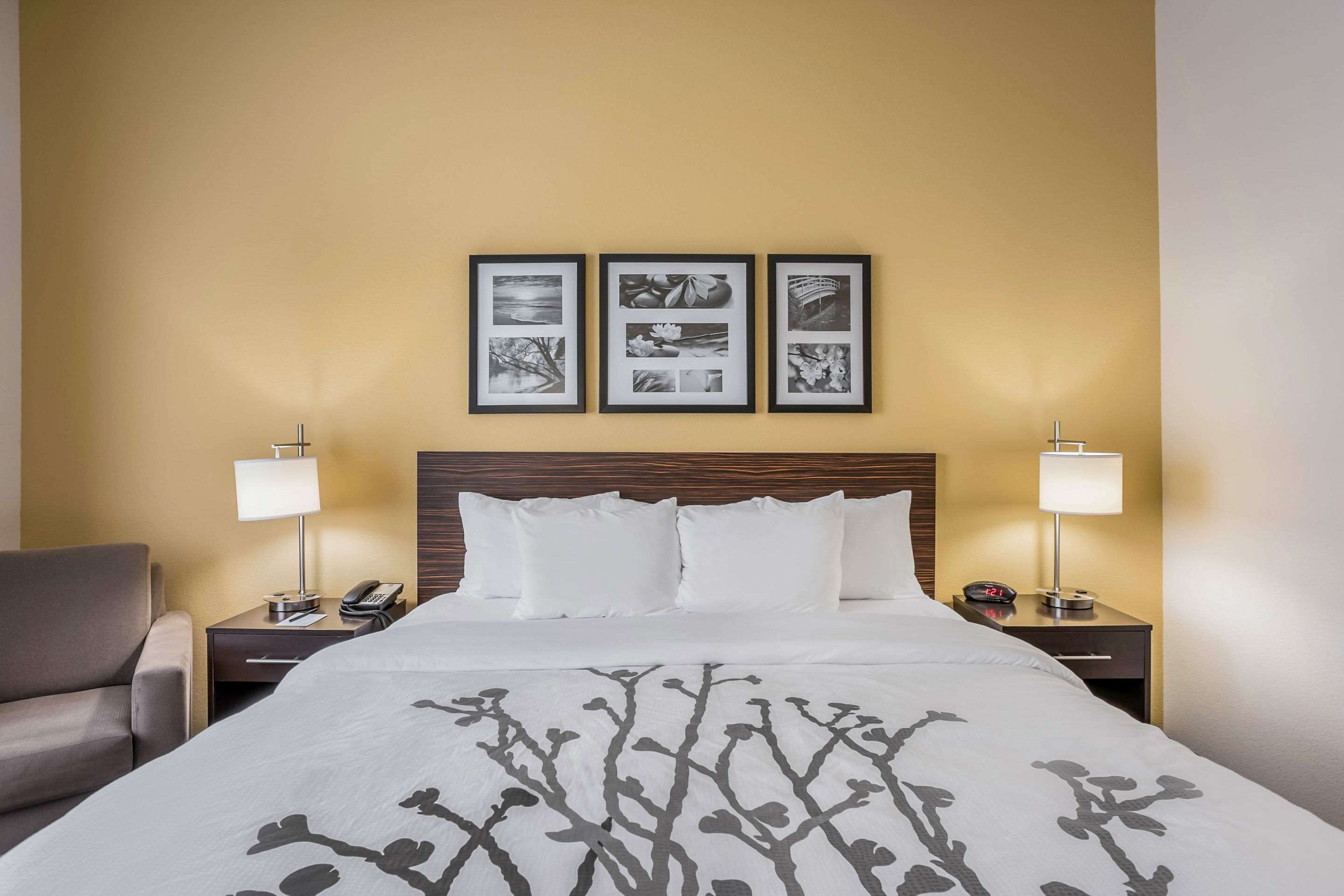 A hotel room with a bed, two bedside tables with lamps, a chair, and three framed pictures on the wall.