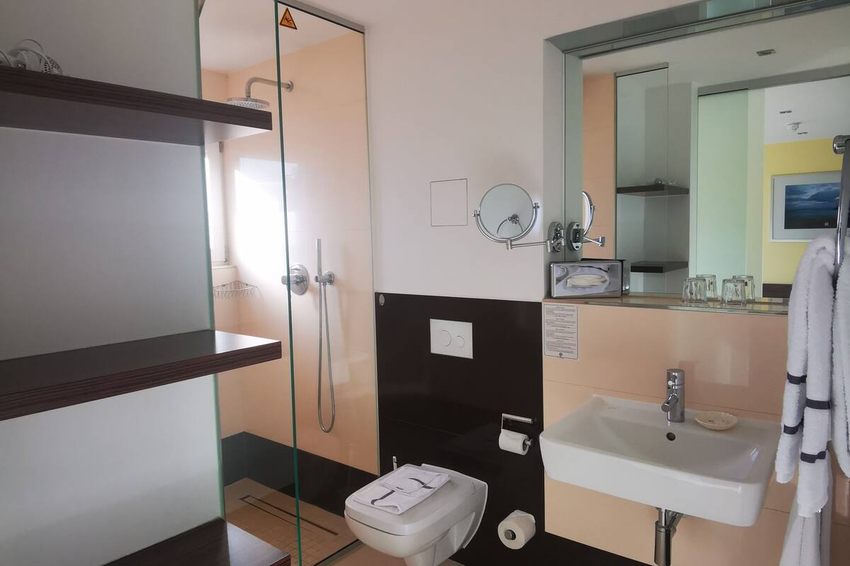 double room, lake view | bathroom | shower, rainfall showerhead, free toiletries, hair dryer