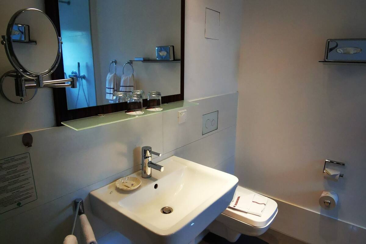 shower, rainfall showerhead, free toiletries, hair dryer