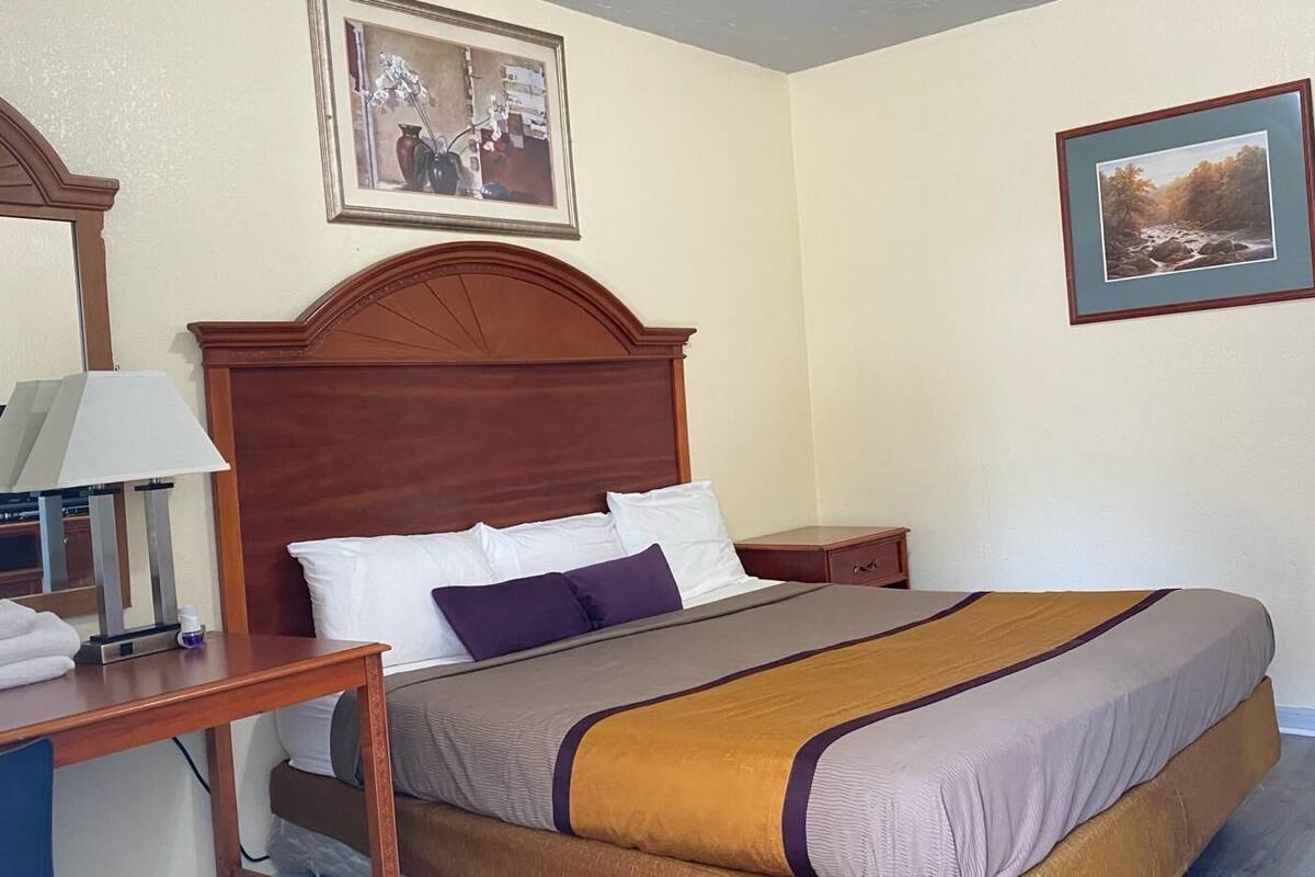 A hotel room with a wooden headboard, a bed with a gray and brown bedspread, white and purple pillows, a nightstand with a lamp, and a framed picture on the wall.