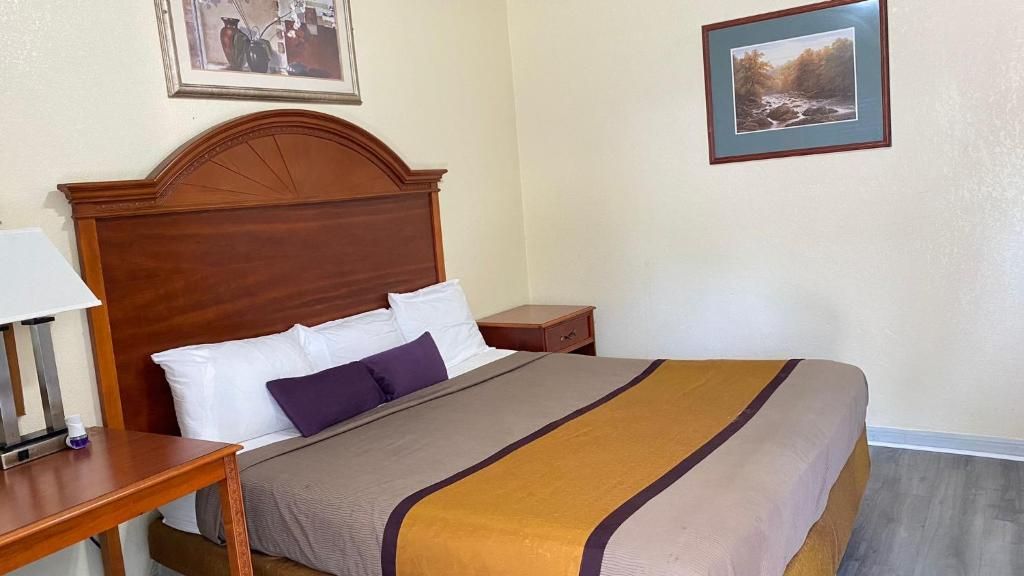 A hotel room with a wooden headboard, a bed with a brown and beige bedspread, two white pillows, a purple pillow, a nightstand with a lamp, and a framed picture on the wall.