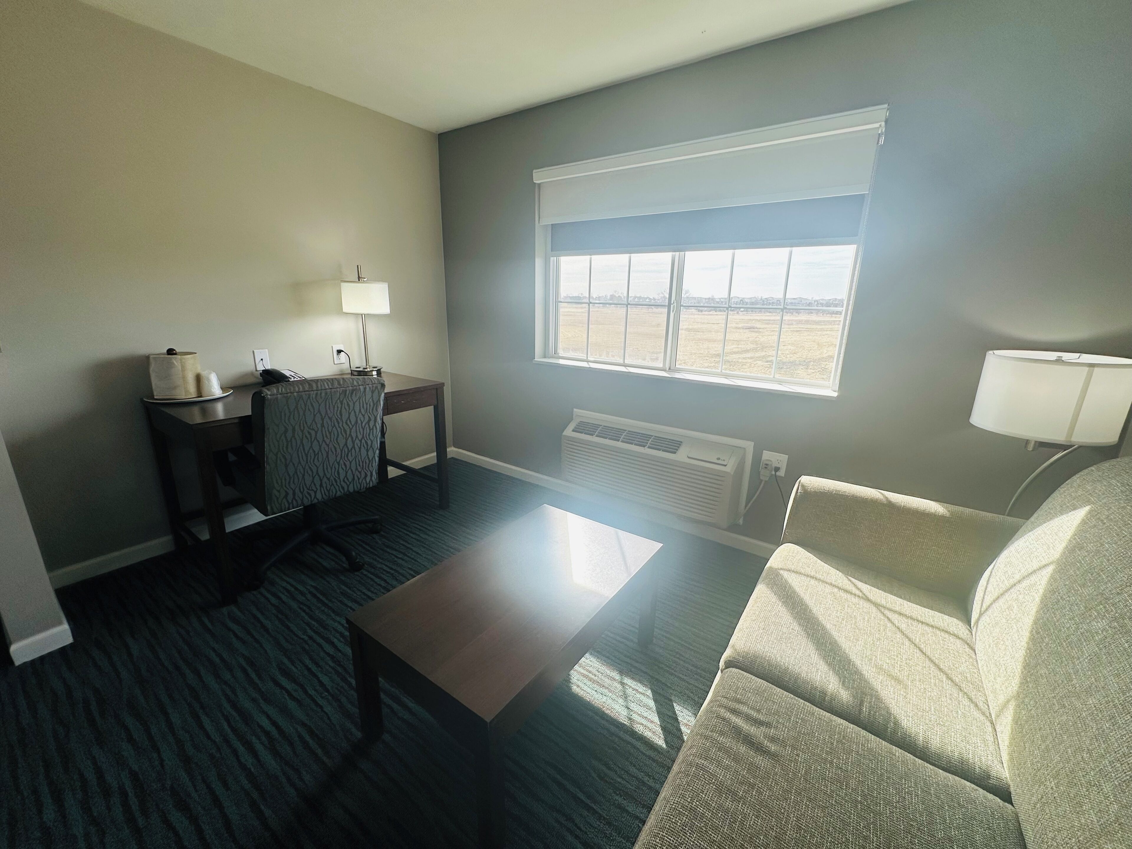 高級寝具、デスク、ノートパソコン用作業スペース、遮光カーテン