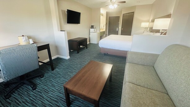 A hotel room with a bed, a sofa, a desk, a chair, a coffee table, a TV, and a ceiling fan.