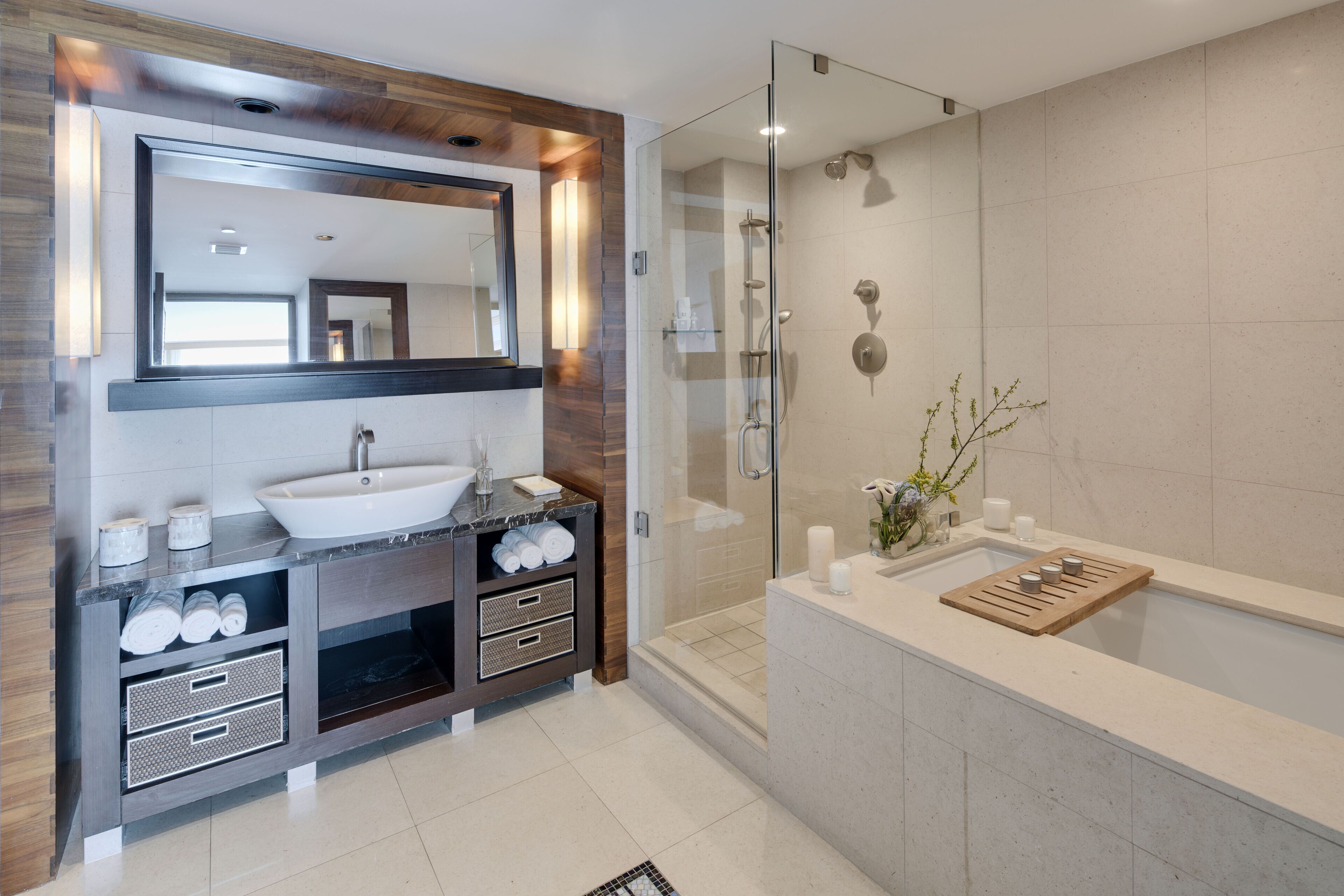 separate bathtub and shower, deep-soaking bathtub, designer toiletries