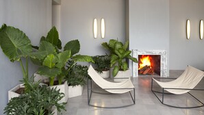 Un salon moderne avec une cheminée, deux fauteuils confortables et de grandes plantes en pot.