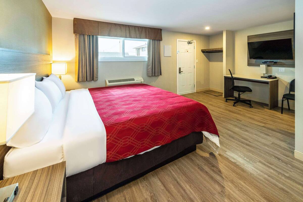 A hotel room with a large bed, a desk, a TV, and a window with curtains.