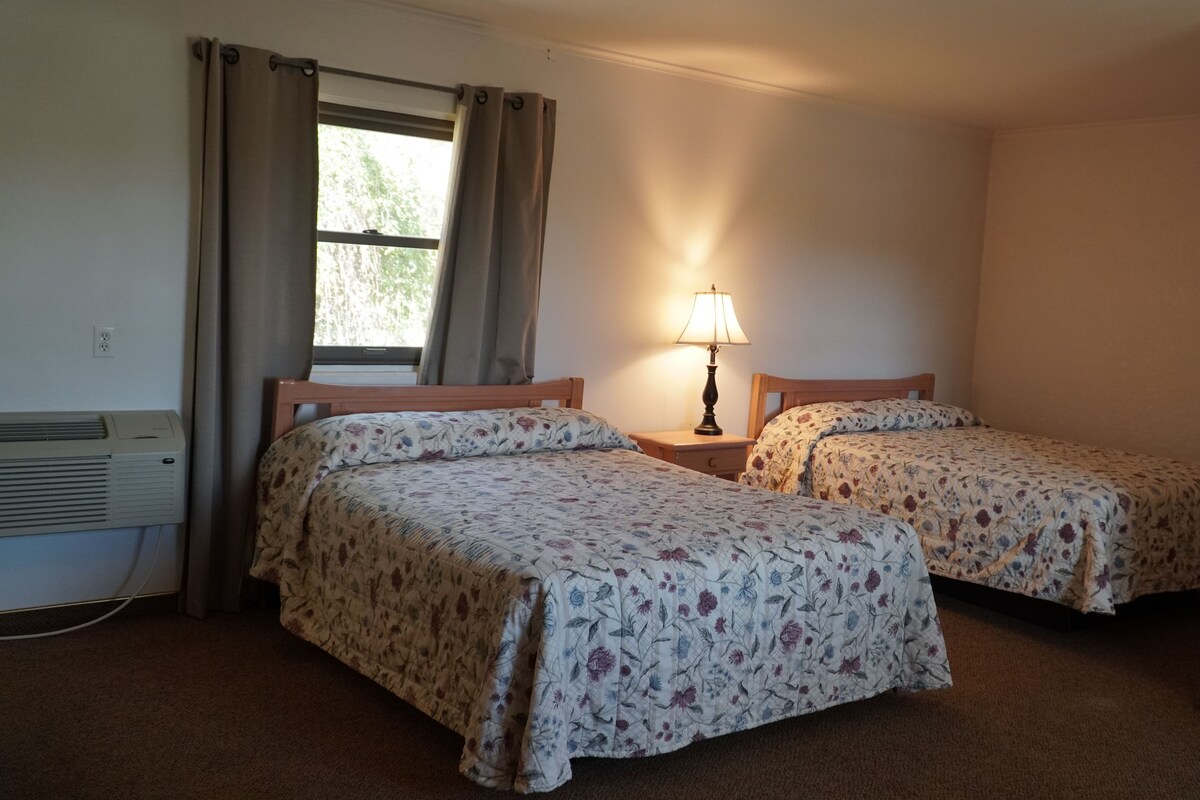 A room with two beds, a nightstand with a lamp, a window with curtains, and a wall-mounted heater.