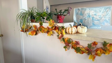 Una encimera de cocina con una guirnalda decorativa de hojas otoñales, una planta en maceta y dos calabazas.