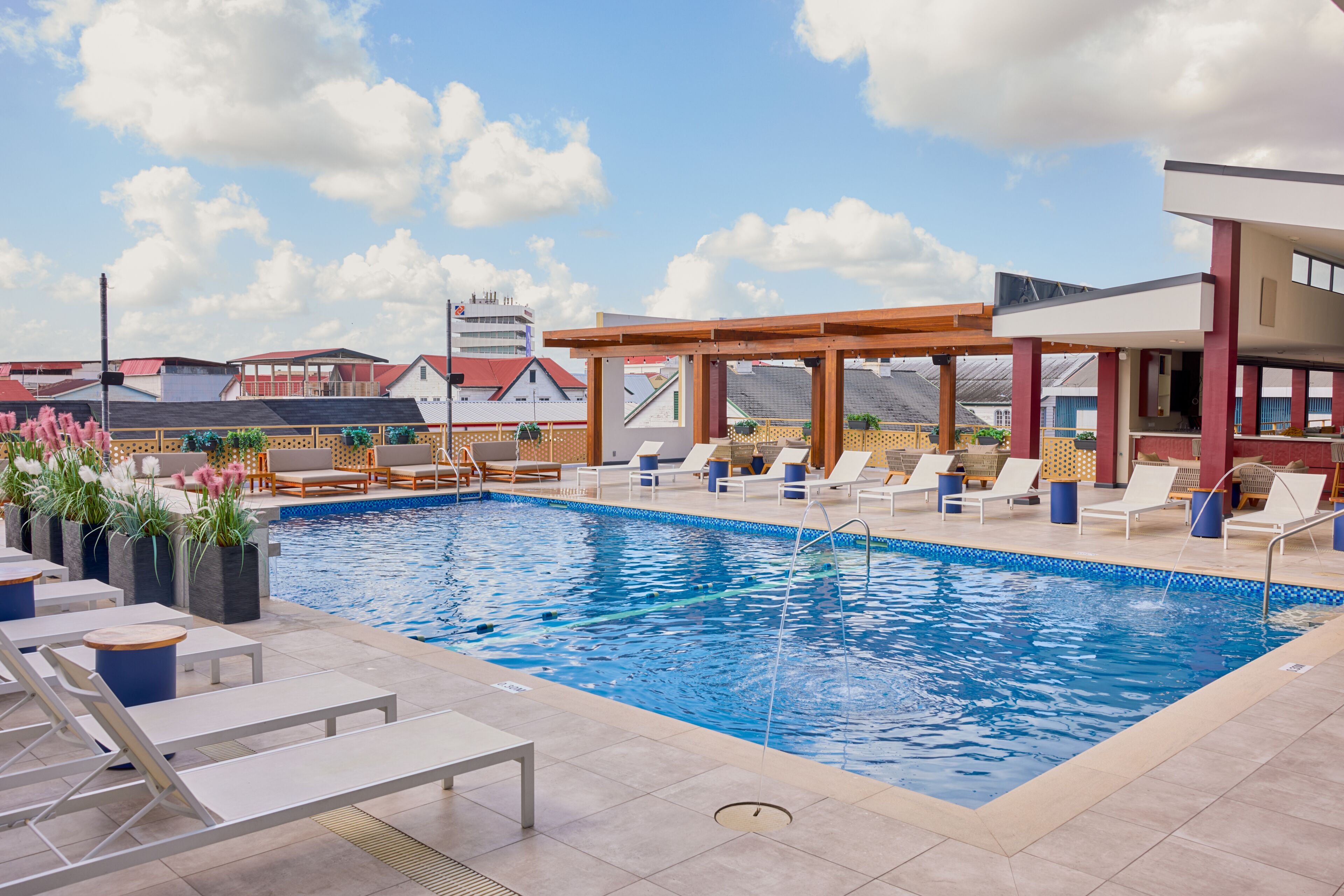 Outdoor pool, pool umbrellas, sun loungers