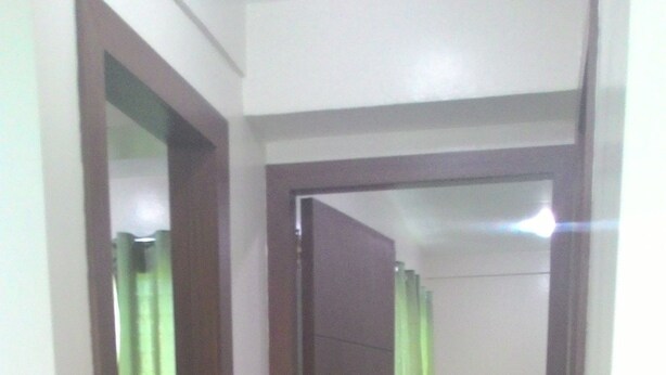 A hallway with a wooden door, a mirror, and a green curtain.