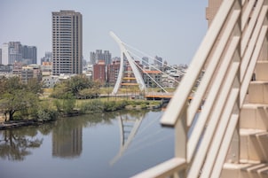A cityscape with a river, a modern bridge, and high-rise buildings.