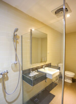 Habitación Deluxe con 1 cama doble o 2 individuales | Baño | Ducha, artículos de higiene personal gratuitos y secador de pelo