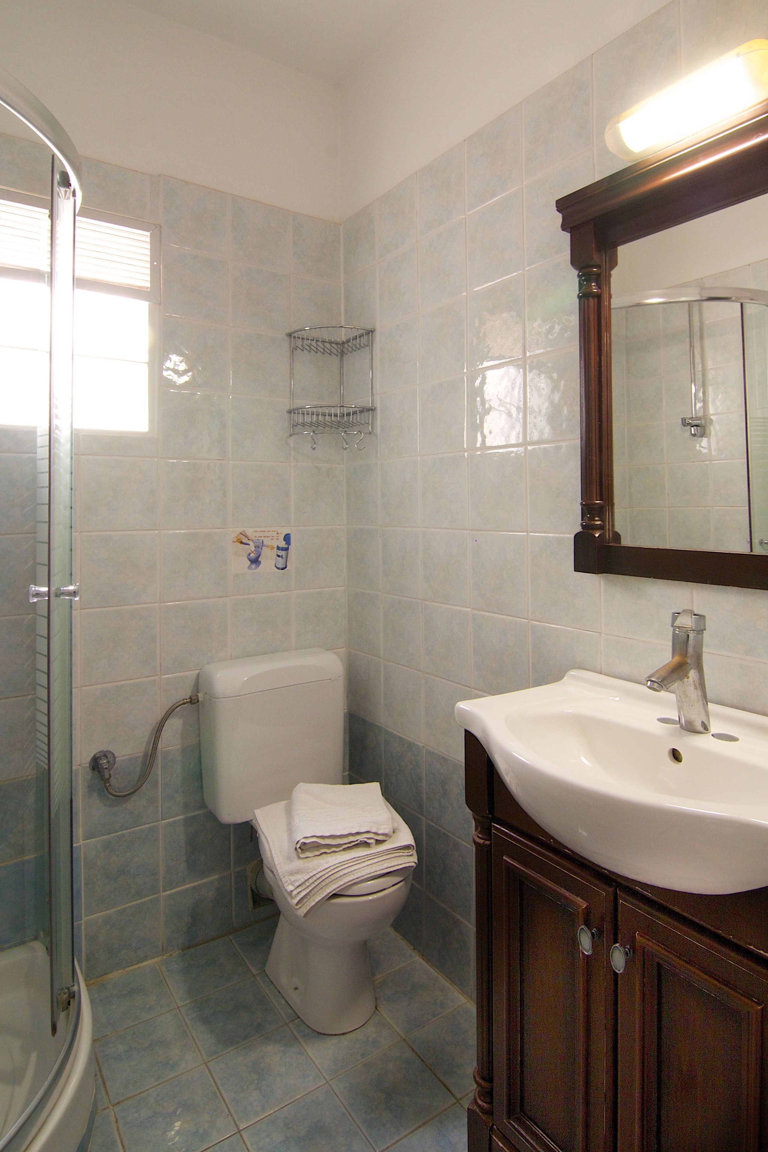 Un baño con cabina de ducha de vidrio, inodoro, lavamanos y espejo.