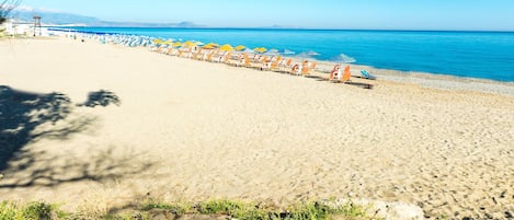 Plage, chaises longues, parasols