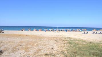 A beach with rows of umbrellas and sun loungers.