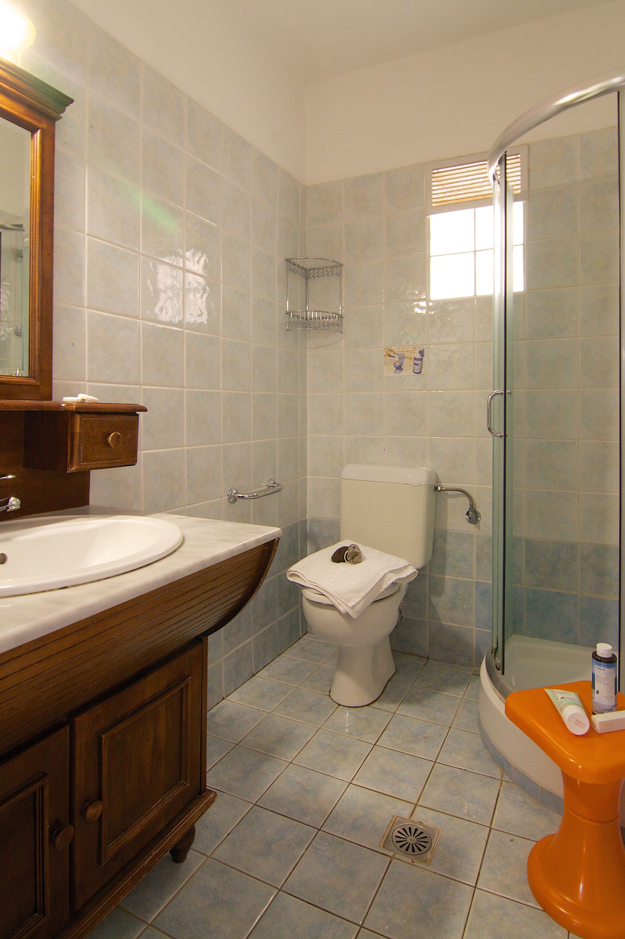 A bathroom with a wooden vanity, a toilet, a glass-enclosed shower, and a sink.