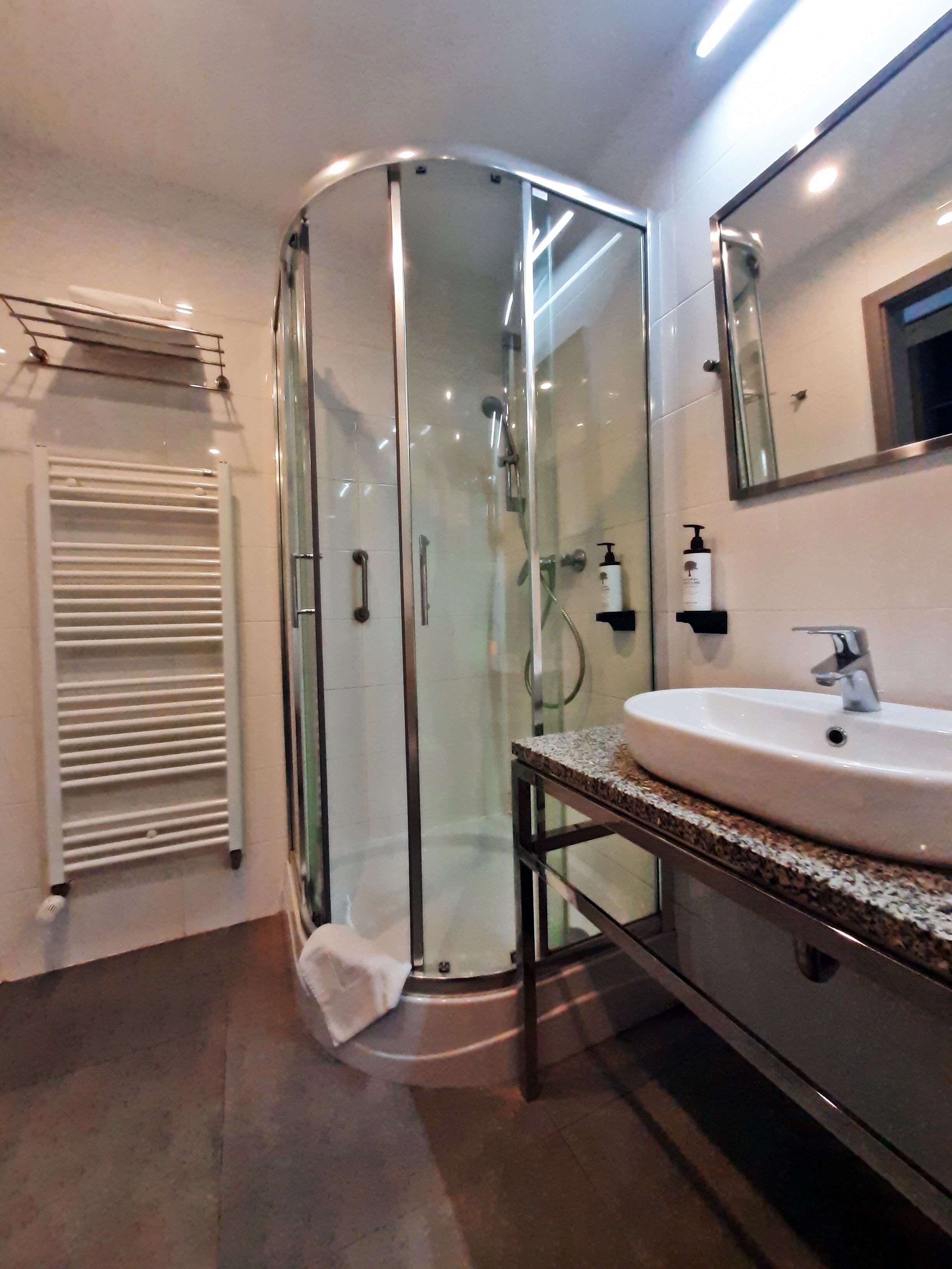 shower, free toiletries, hair dryer, towels