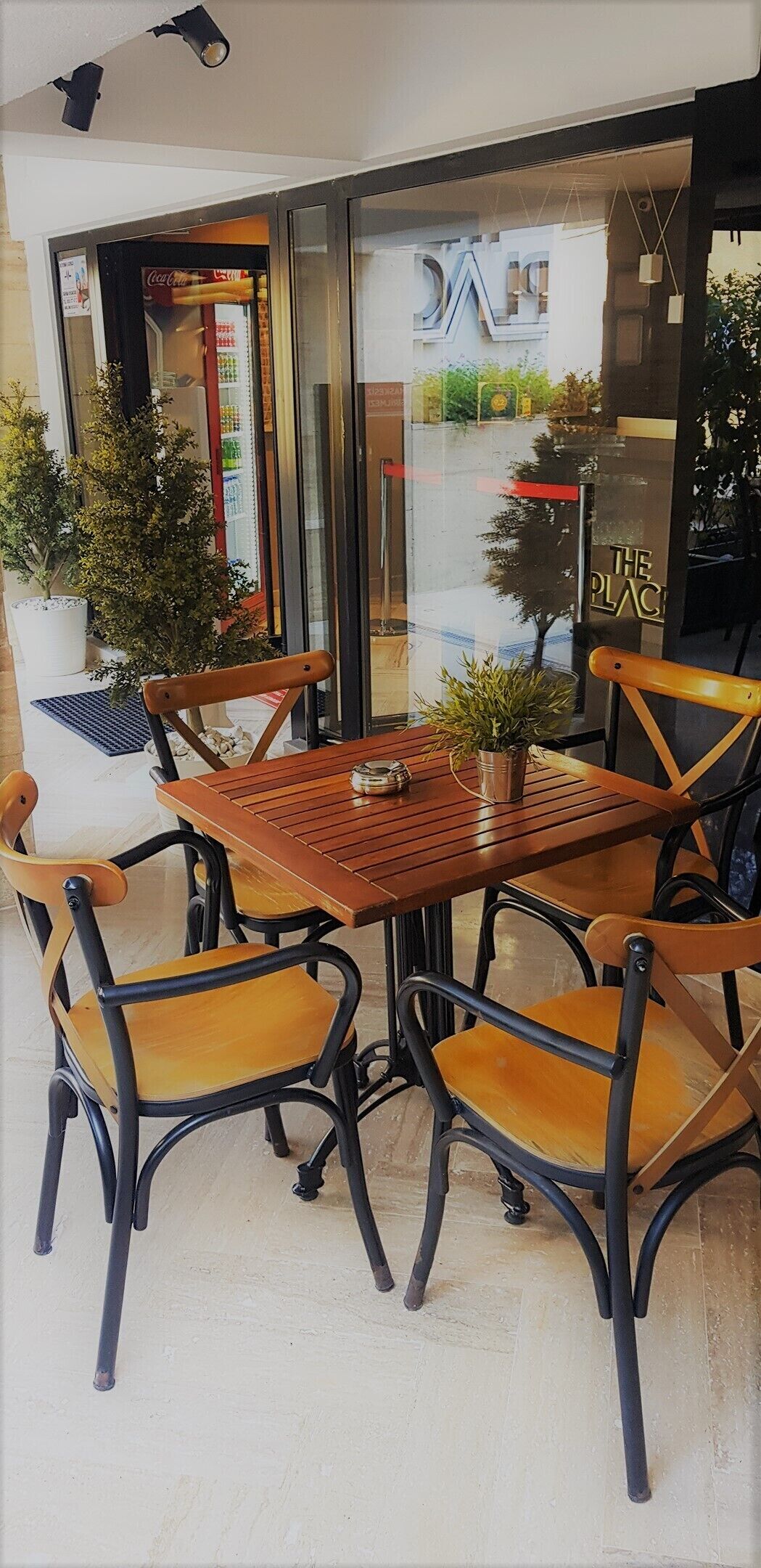 An outdoor seating area with a wooden table and chairs, a potted plant, and a Coca-Cola refrigerator in the background.