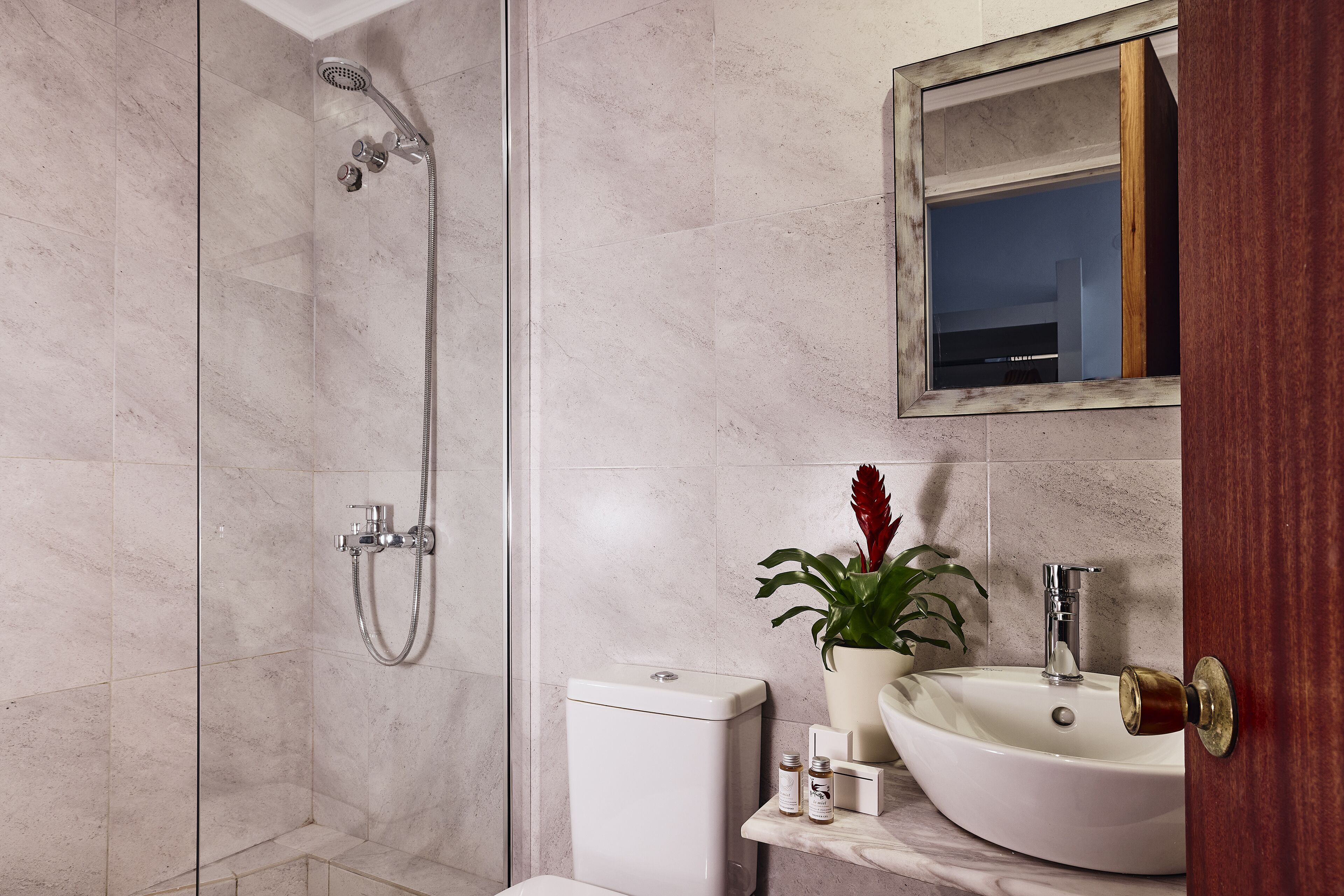 A modern bathroom with a shower, toilet, sink, and a potted plant.