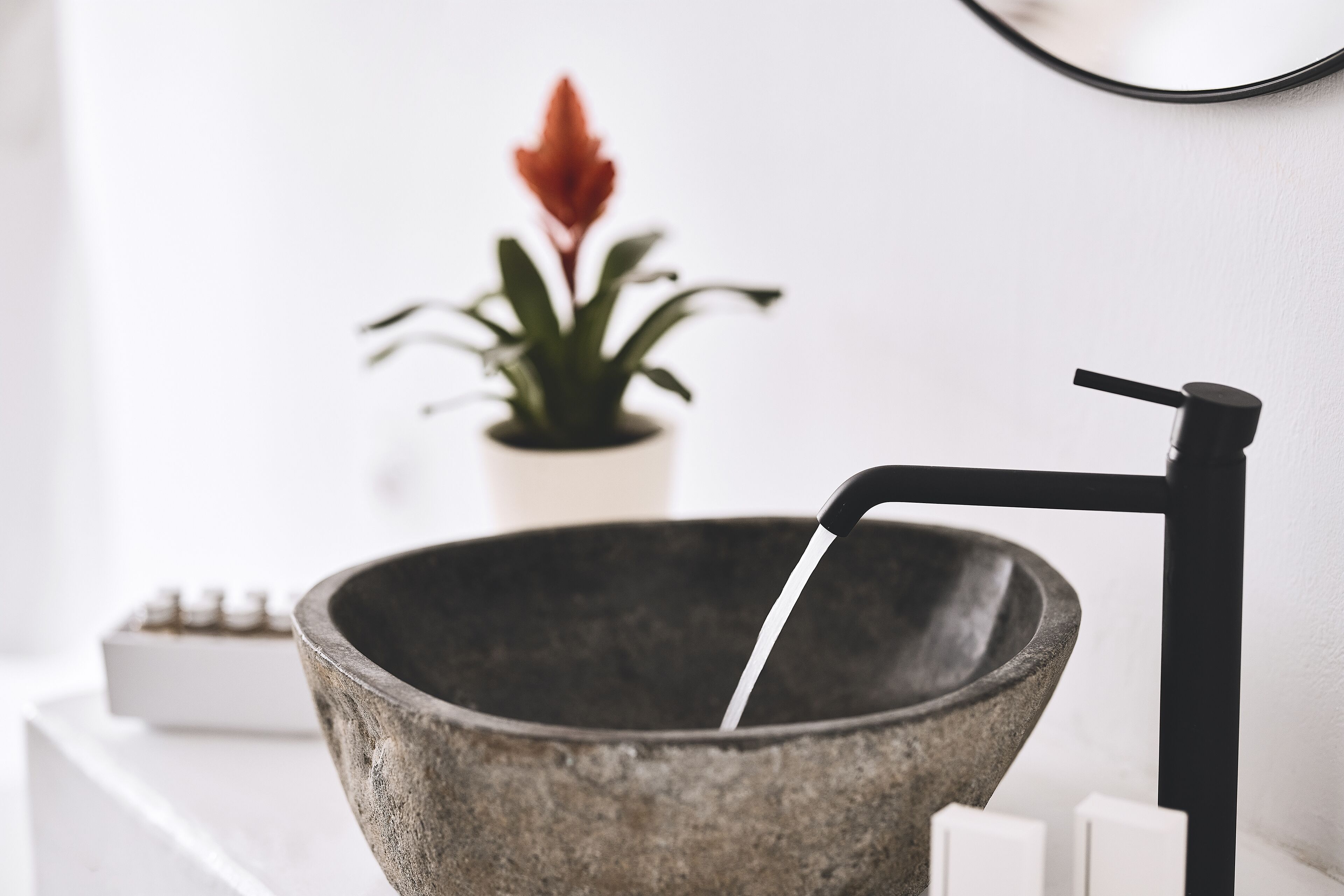 Un bagno moderno con una vasca in pietra, un rubinetto nero e una pianta in vaso sullo sfondo.