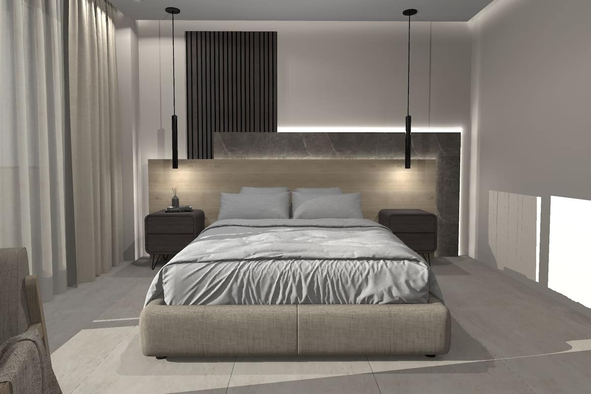 A modern bedroom with a large bed, bedside tables, a headboard with vertical lines, and pendant lighting.