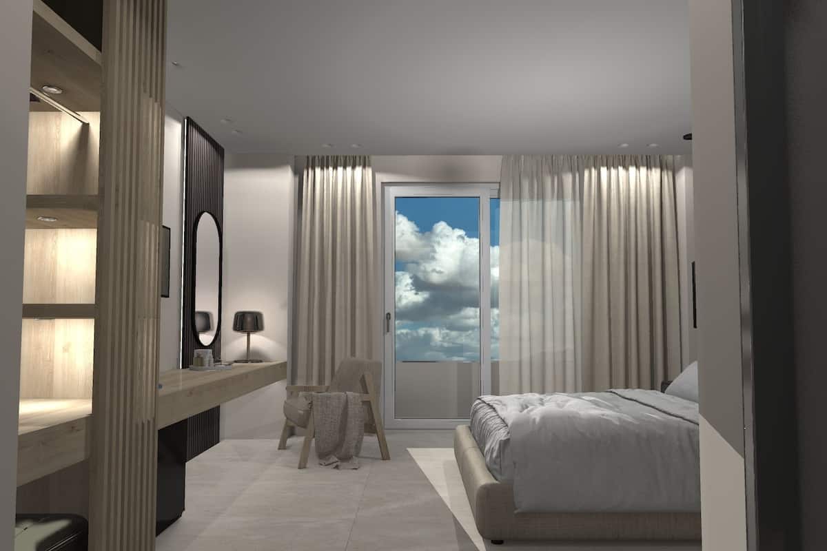 A modern bedroom with a large bed, a desk with a chair, a mirror, and a view of the sky through the window.