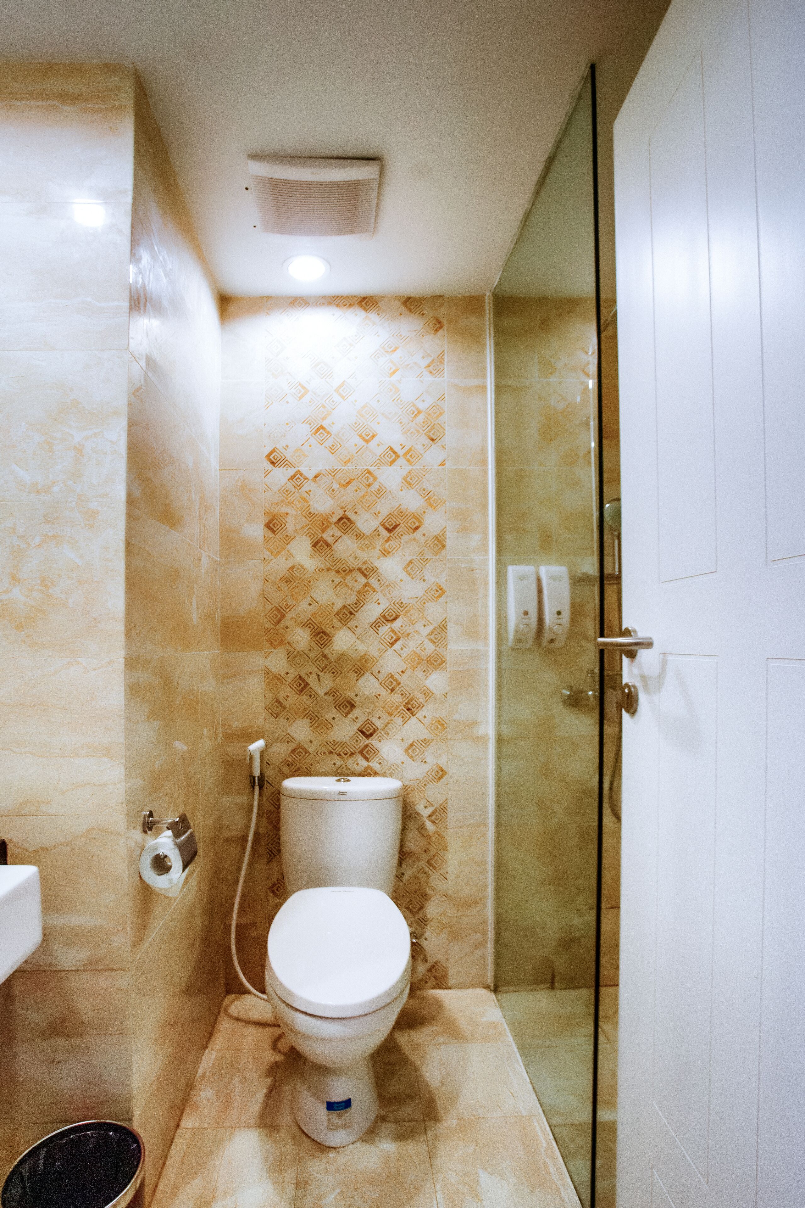 A bathroom with a toilet, shower, and a glass door leading to a shower area.