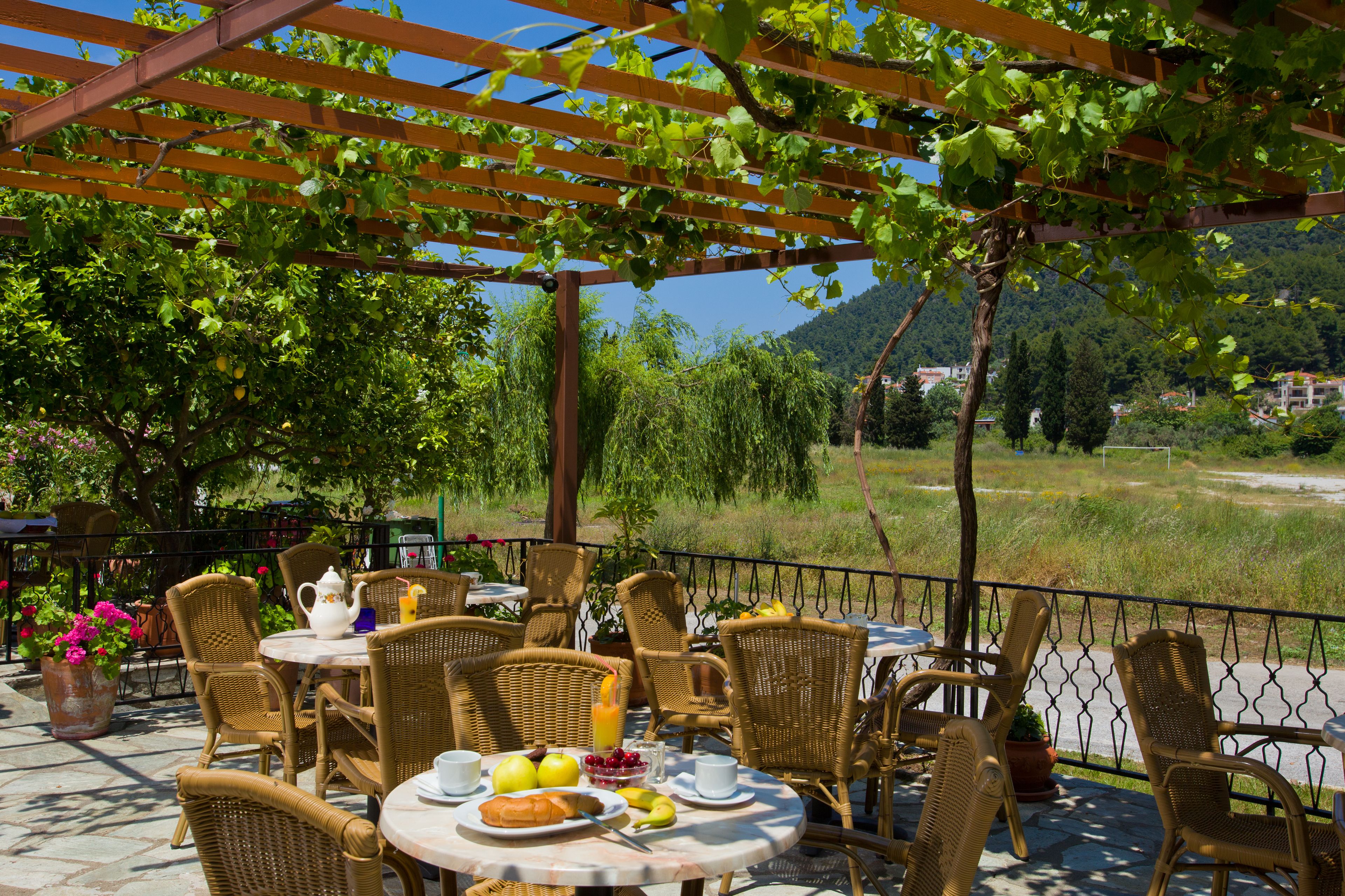 An outdoor café with wicker furniture and a pergola.