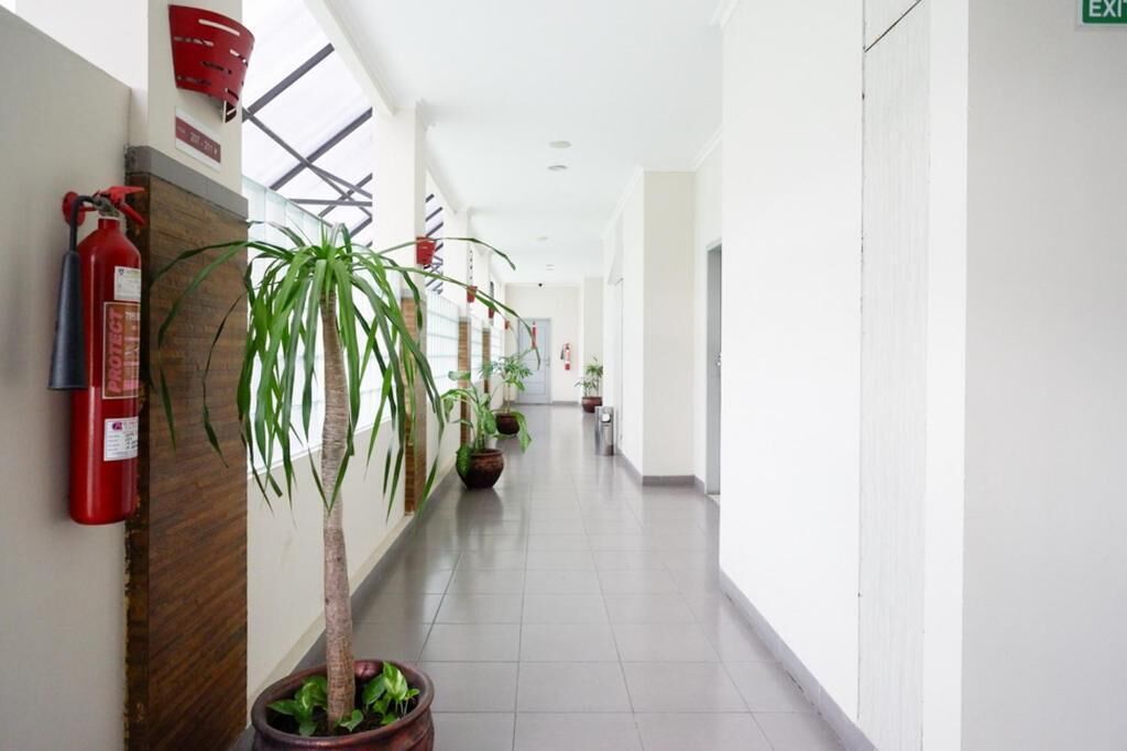 A clean, well-lit hallway with a fire extinguisher, potted plants, and an exit sign.