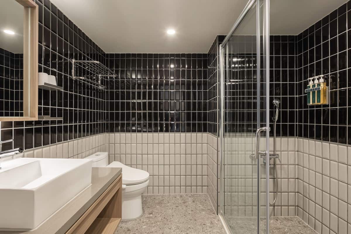elite twin room | bathroom | shower, hair dryer, slippers, towels
