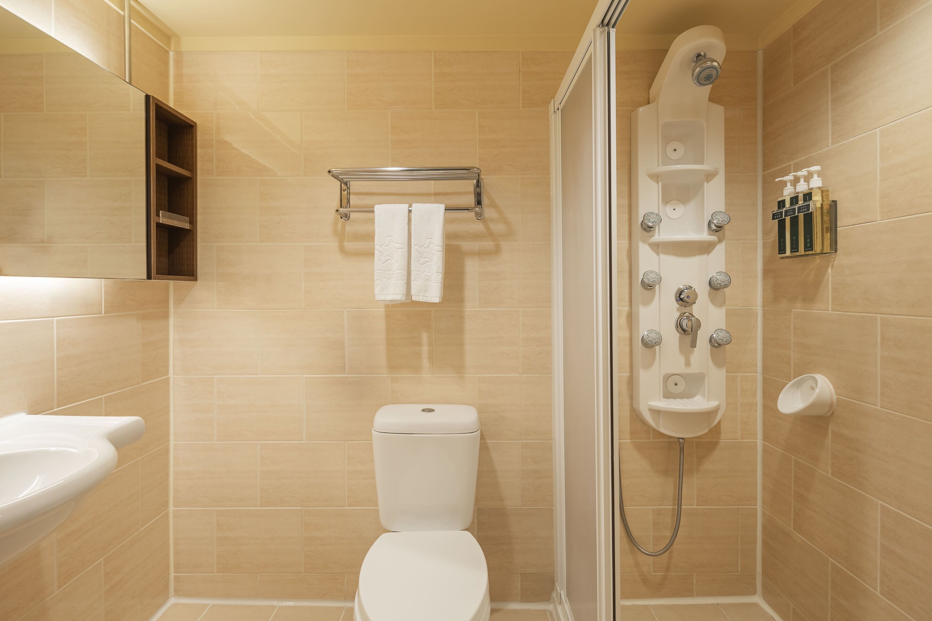 shower, hair dryer, slippers, towels