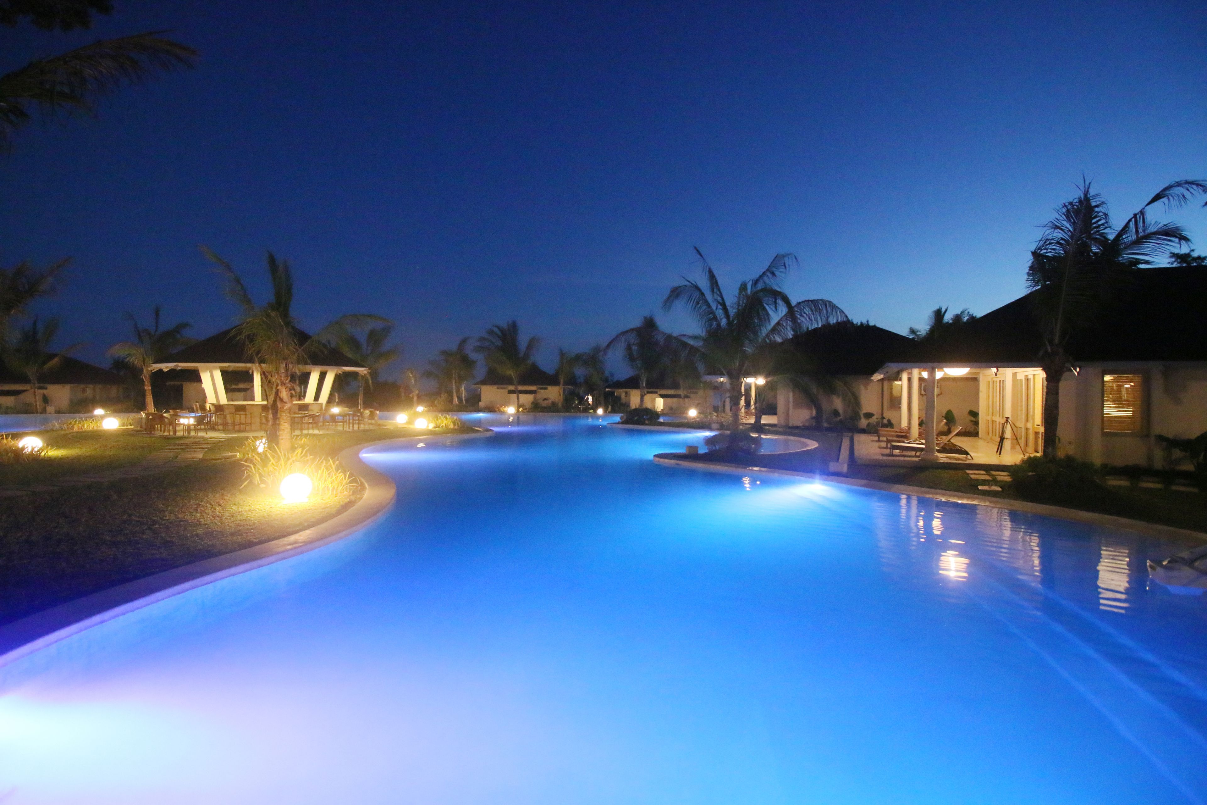 A swimming pool at dusk with surrounding palm trees and buildings.