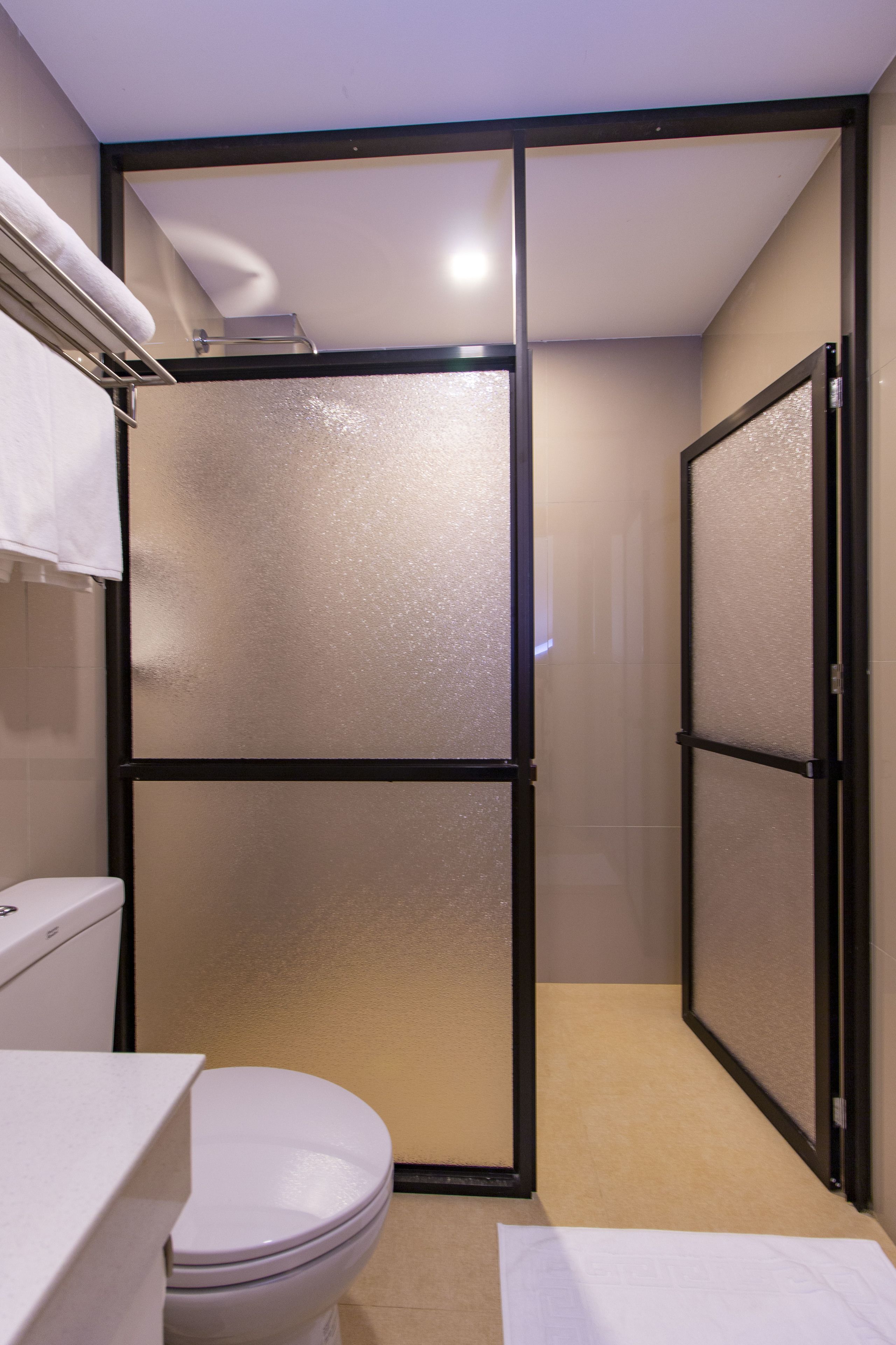 Une salle de bain comprenant des toilettes, un lavabo et un espace douche délimité par des panneaux de verre dépoli.