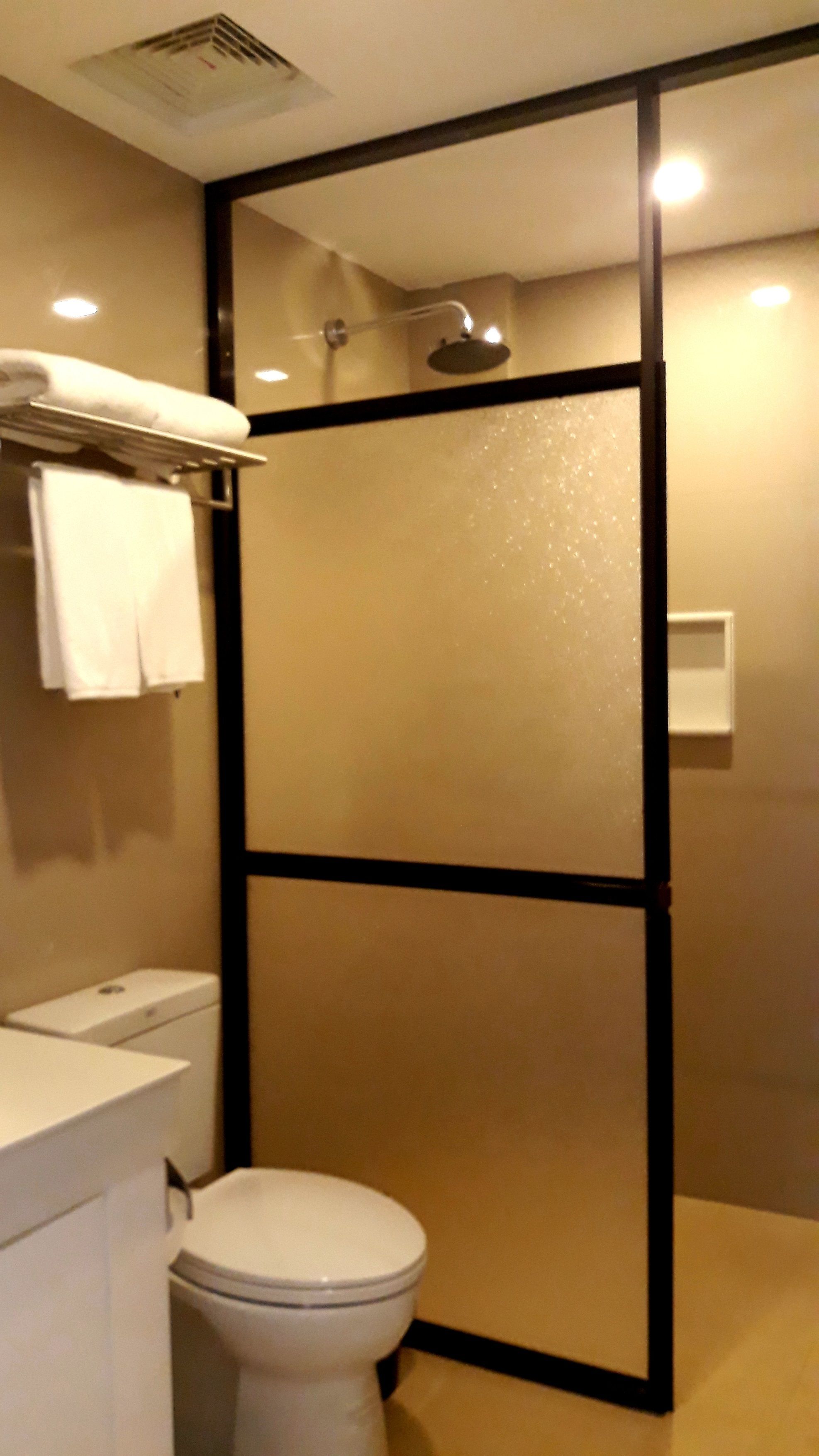 A bathroom with a toilet, a sink, a towel rack, and a shower enclosure.