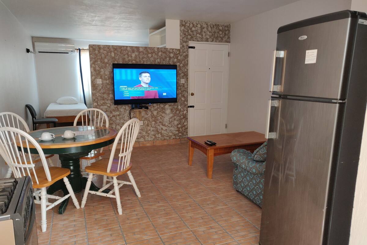 A compact living space with a dining area, a television, a refrigerator, and a patterned wall.