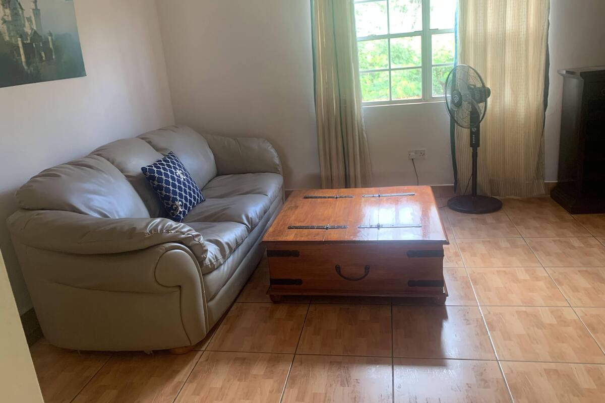 A living room with a leather sofa, a wooden coffee table, a standing fan, and a window with curtains.