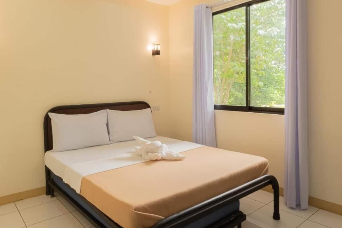 A single bed with a wooden frame, white bedding, and a white pillow. There is a window with white curtains, and a wall-mounted light fixture.