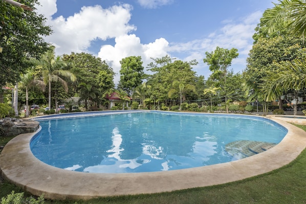 Outdoor pool, an infinity pool, pool loungers