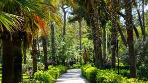 A pathway flanked by lush greenery and tall trees, leading towards a distant structure. - Kimeros Park Holiday Village (Kemer)