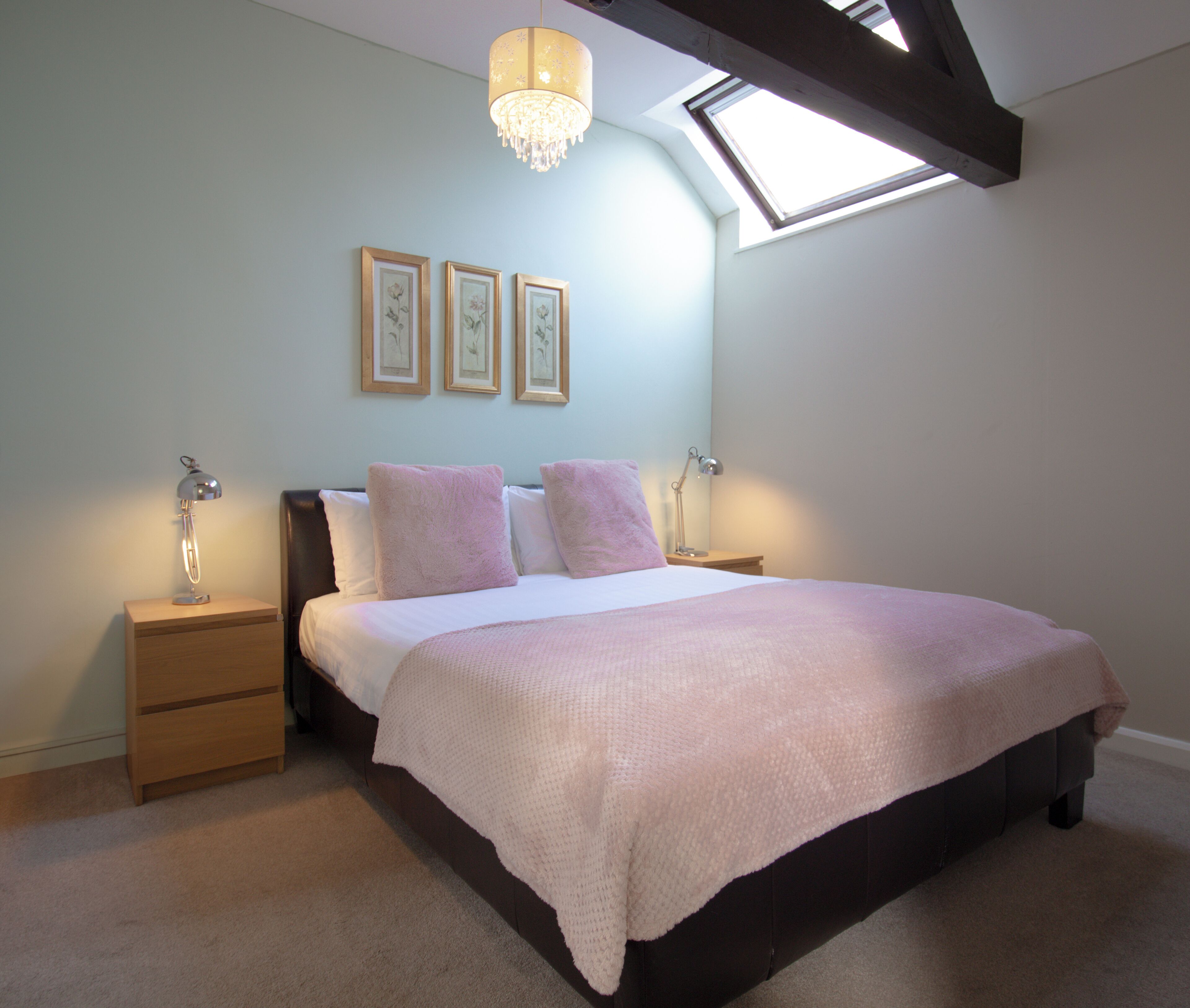 A bedroom with a skylight, a bed with a pink blanket, two bedside tables with lamps, and three framed pictures on the wall.