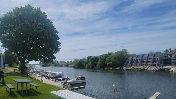 A riverside picnic area with tables and benches, a dock with boats, and a building with a modern design in the background. - Riverside Motel and Marina Manistee (Manistee)