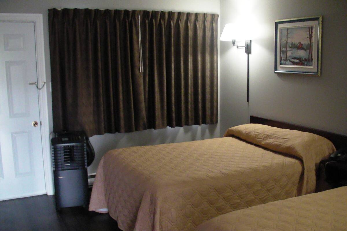 A hotel room with two beds, a door, a radiator, and a painting on the wall.