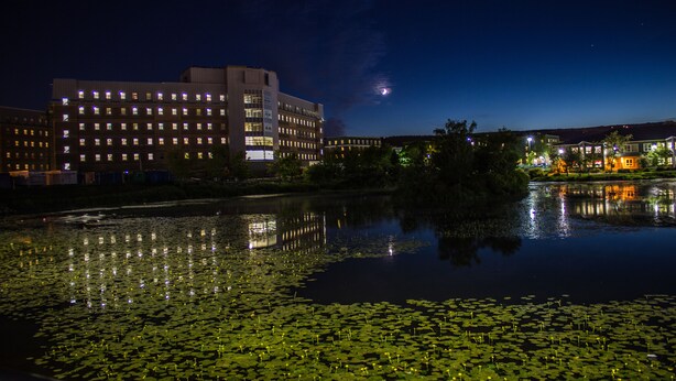 Una vista nocturna de un edificio con varios pisos y ventanas, un cuerpo de agua con lirios y el reflejo de luces en la superficie.
