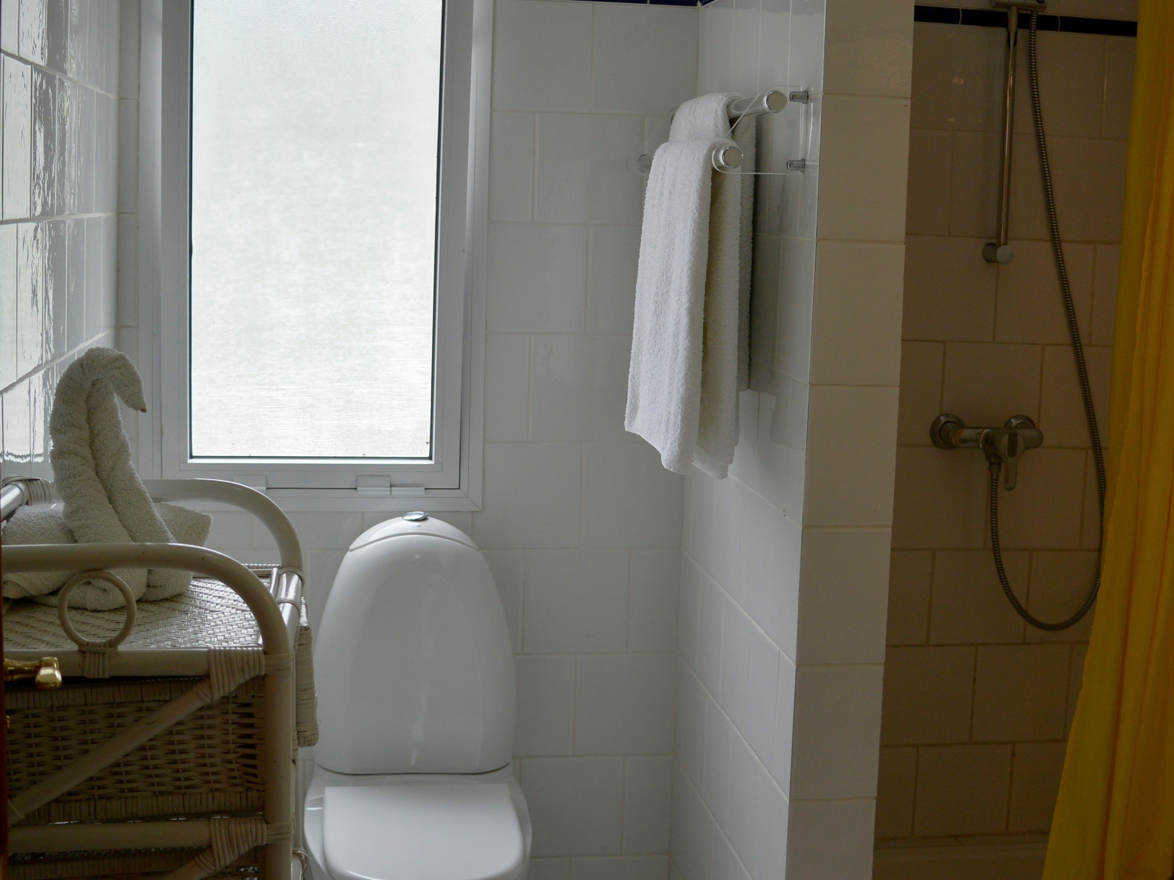 Une salle de bain équipée de toilettes, d’une fenêtre, d’une douche et d’un porte-serviettes.